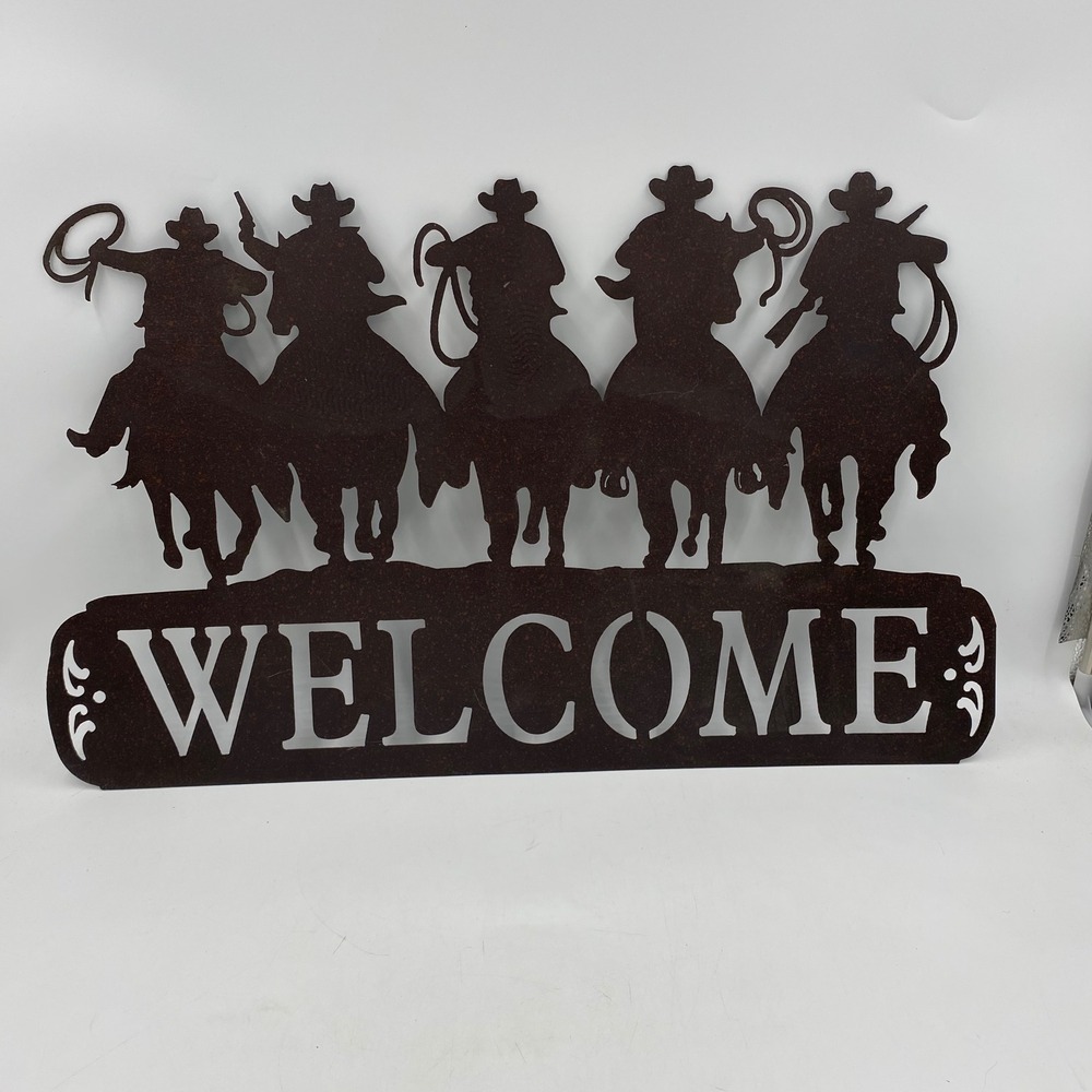 Large Metal Cowboy Welcome Sign Rust Brown Western Wall Art Ranch Rodeo Horse